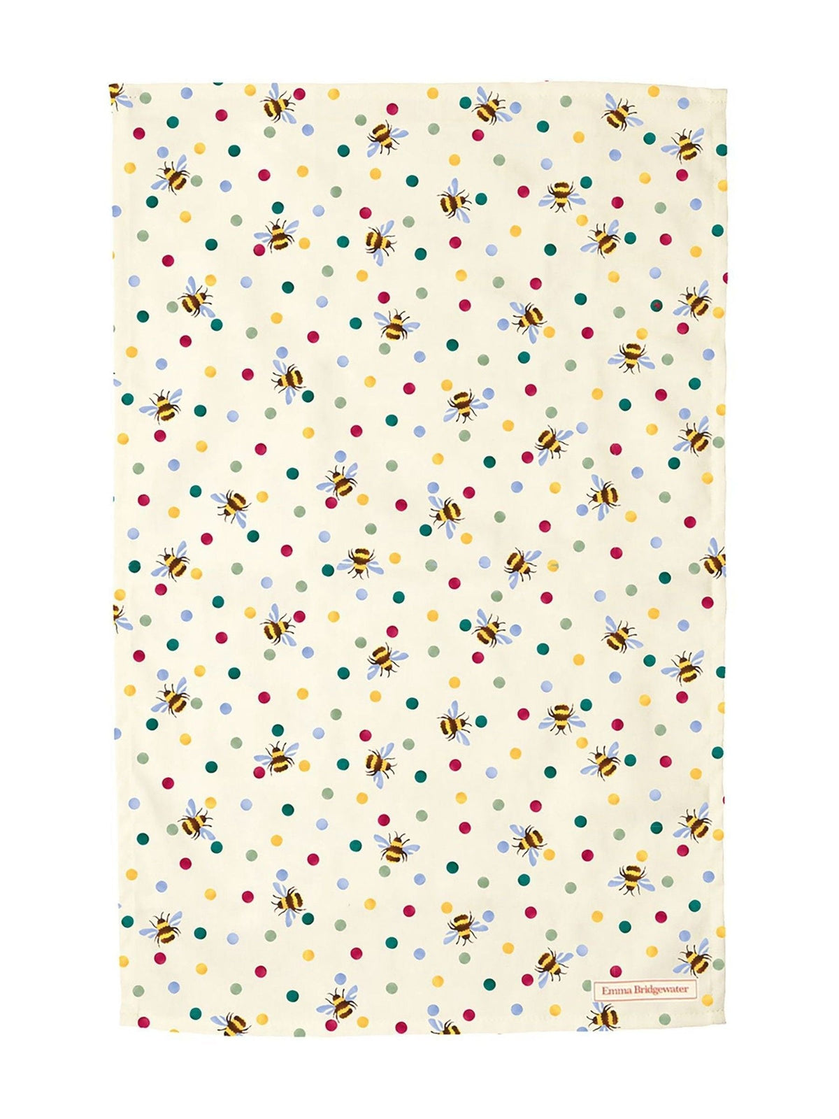 Emma Bridgewater tea towel with yellow bumblebee and polka dot design, UK version