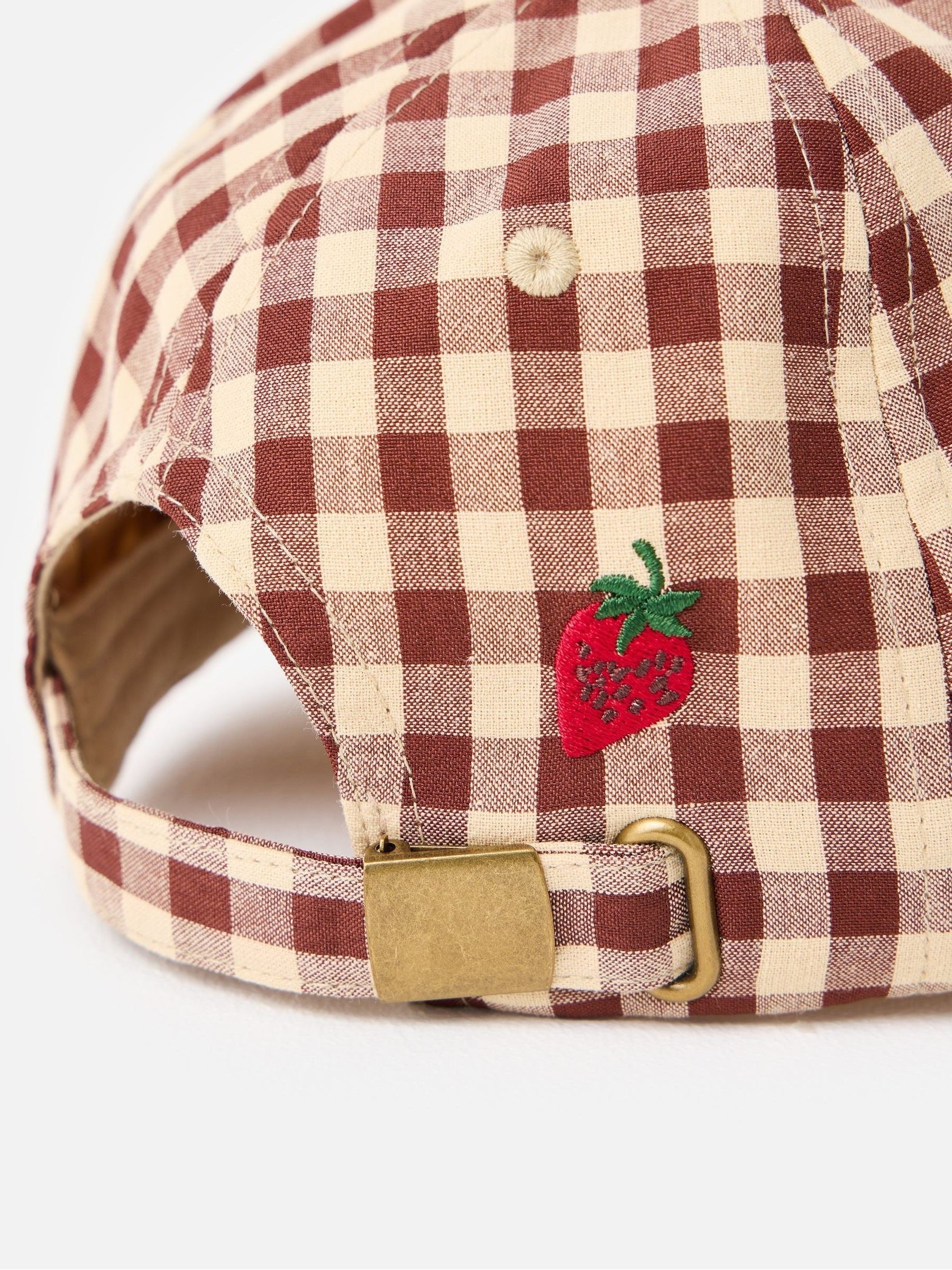 Oliver Bonas gingham cap with strawberry motif (British brand)