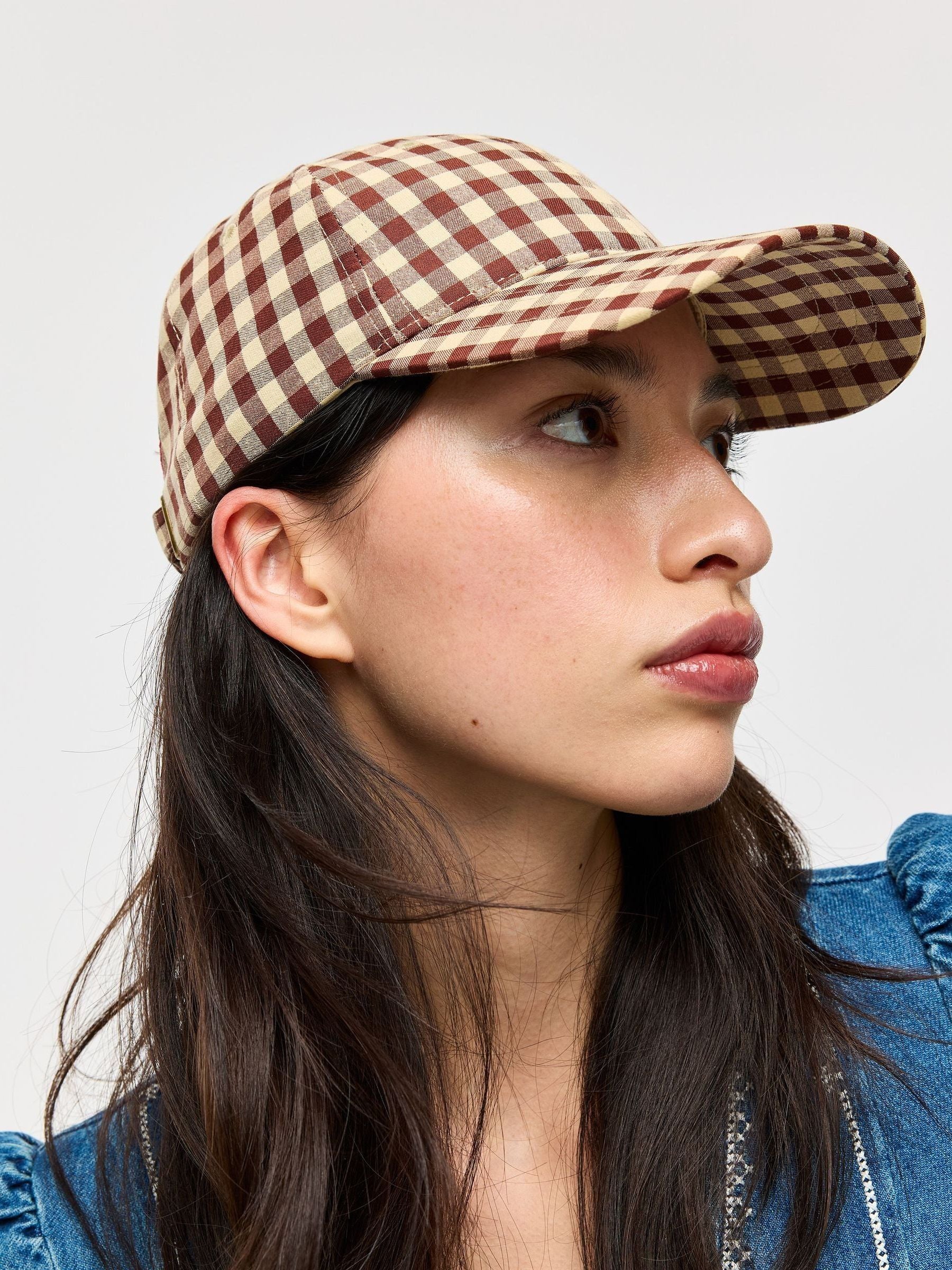Oliver Bonas gingham cap with strawberry motif (British brand)