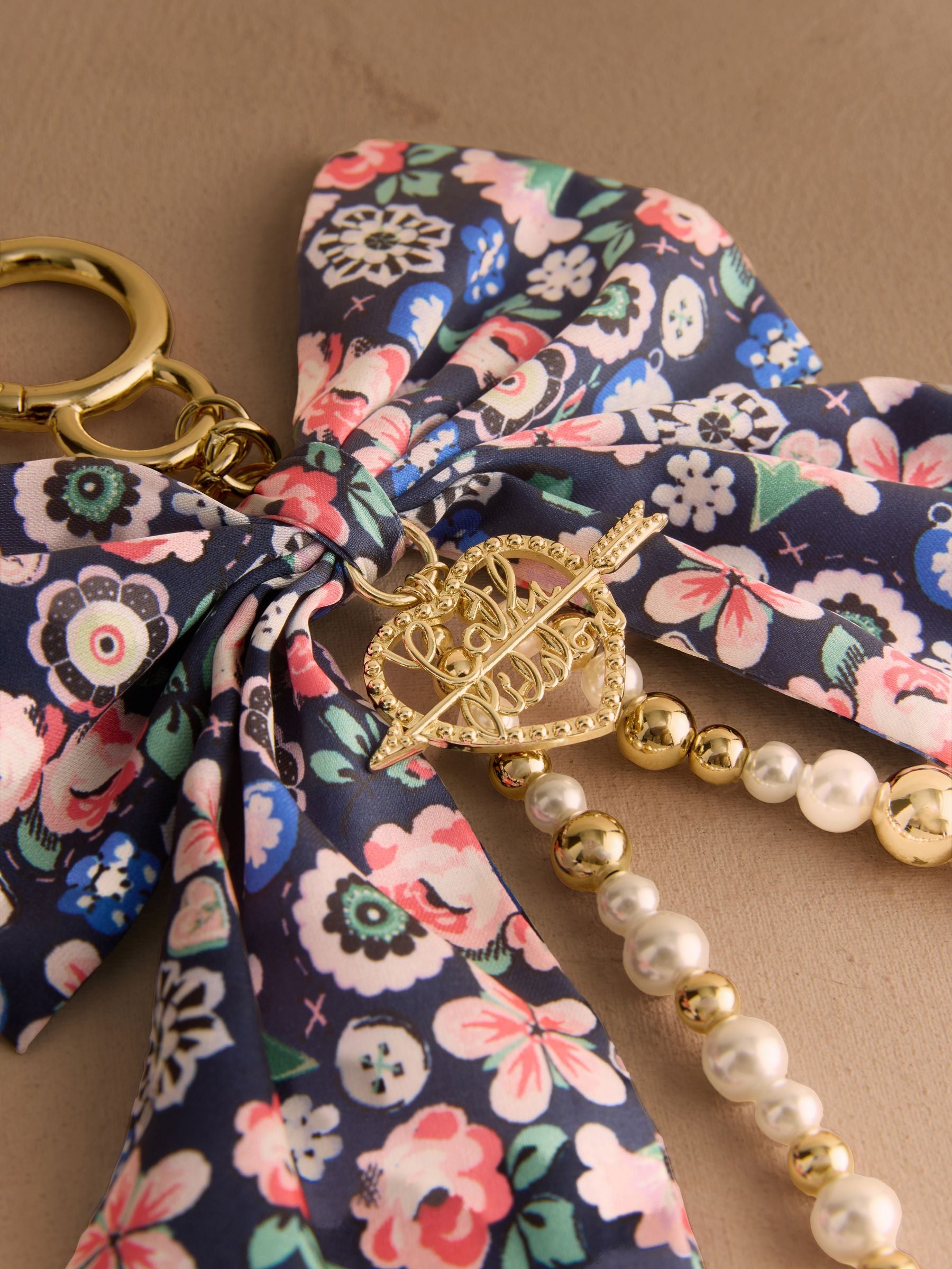 Cath Kidston ditsy floral bow bag charm gold tone pearl beads - British product