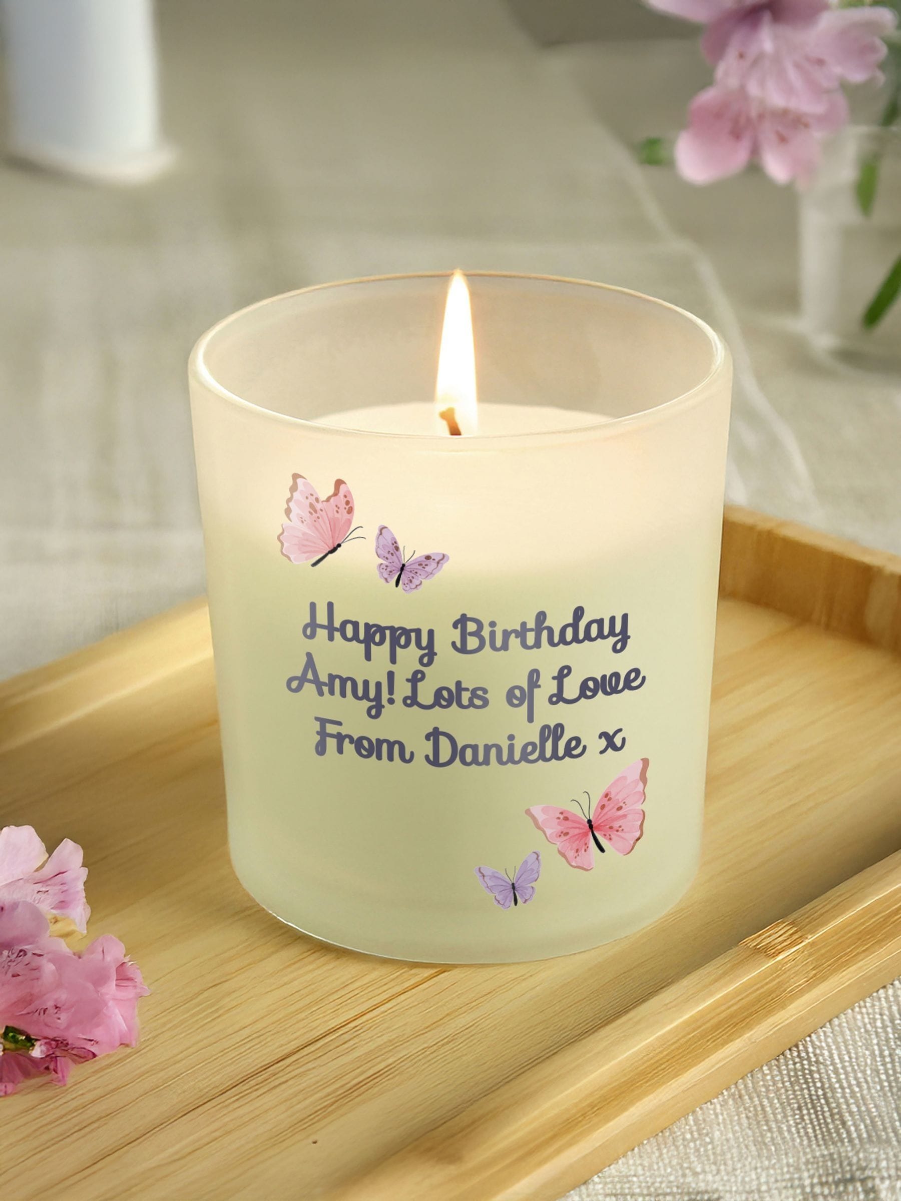 PMC personalised butterfly frosted candle 7cm, imported from the UK