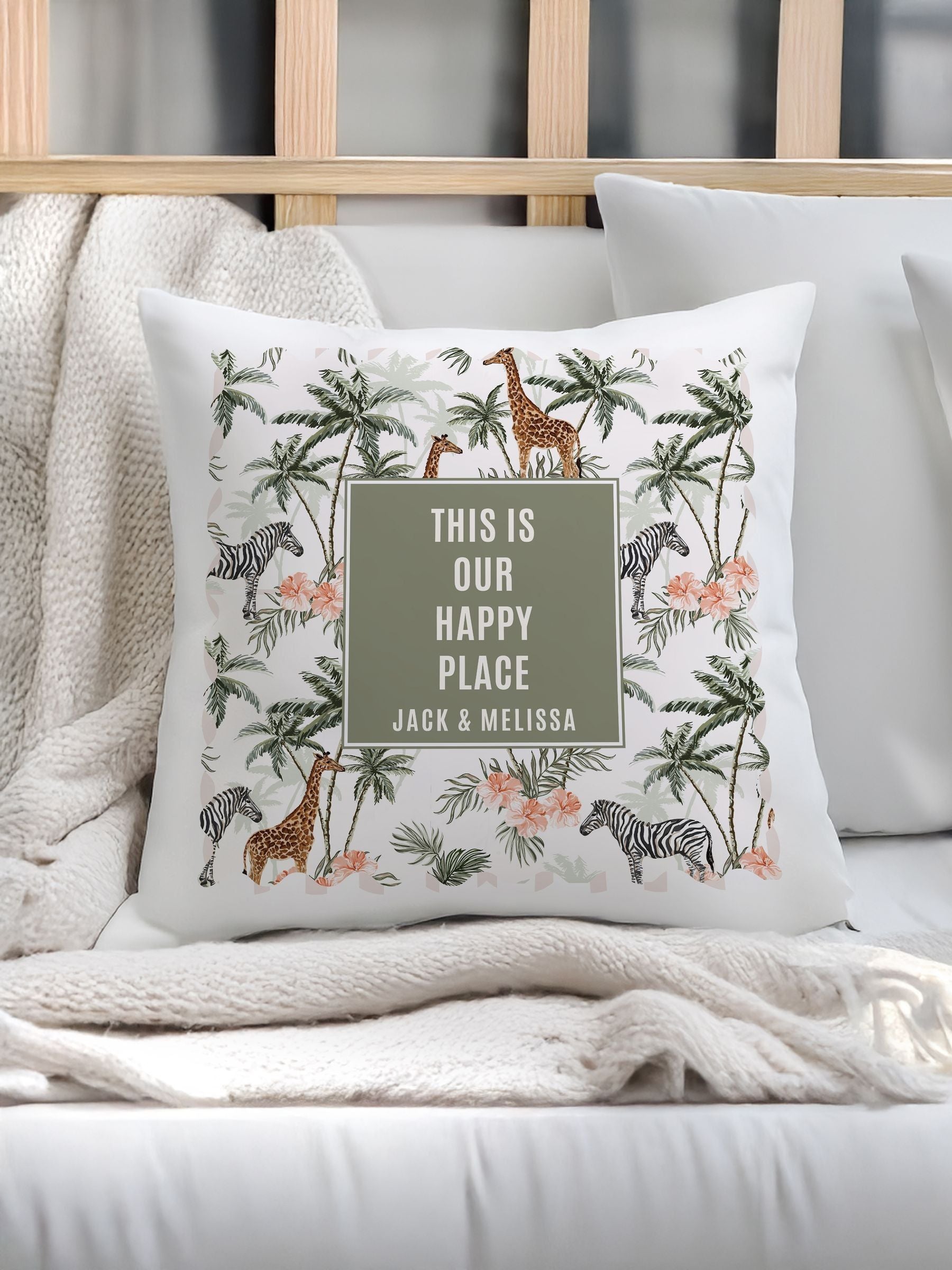 PMC personalised jungle print cushion 40x40cm, imported from the UK