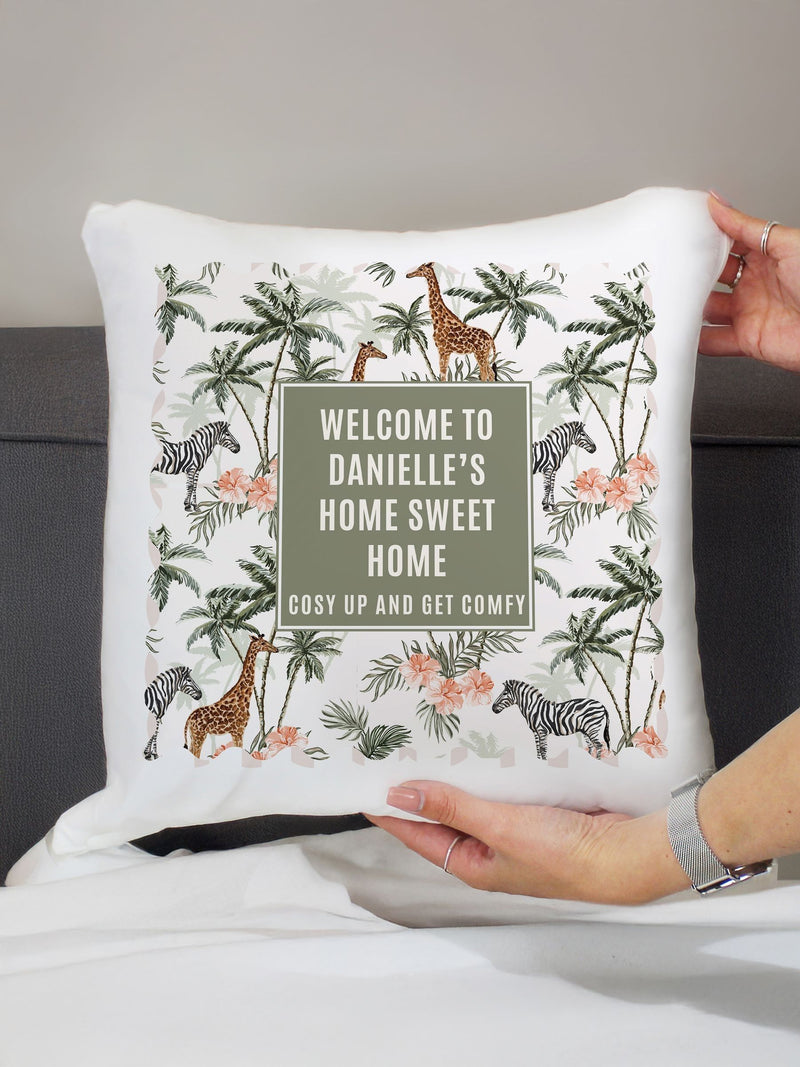 PMC personalised jungle print cushion 40x40cm, imported from the UK