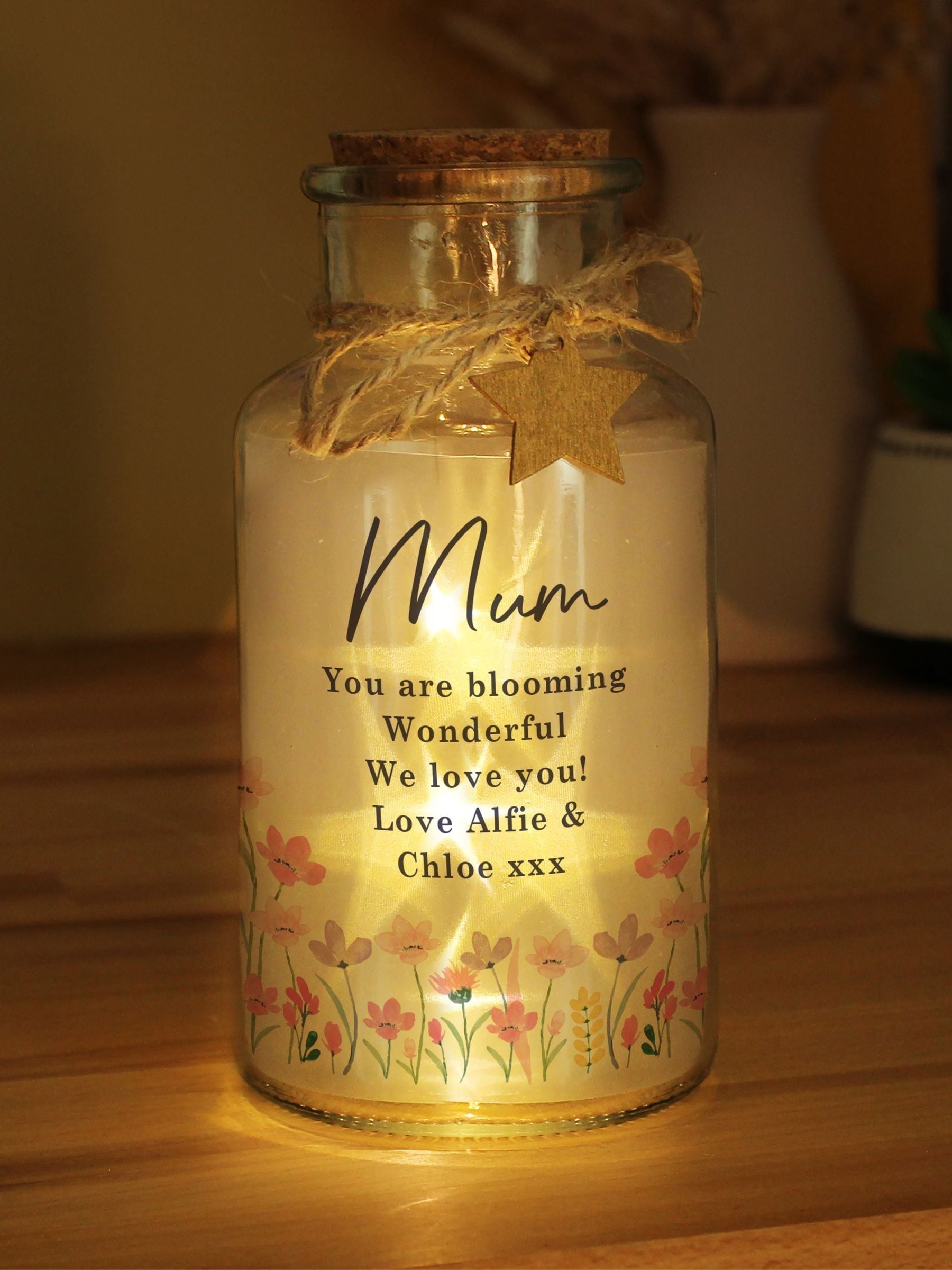 PMC personalised floral LED jar with star lights (British brand)
