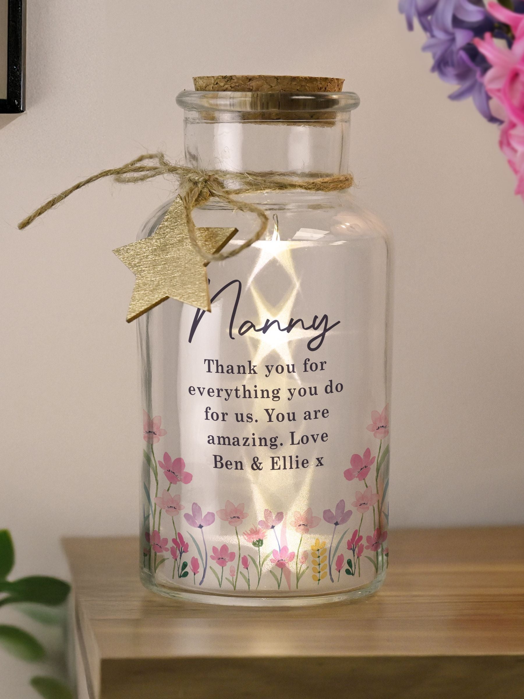 PMC personalised floral LED jar with star lights (British brand)