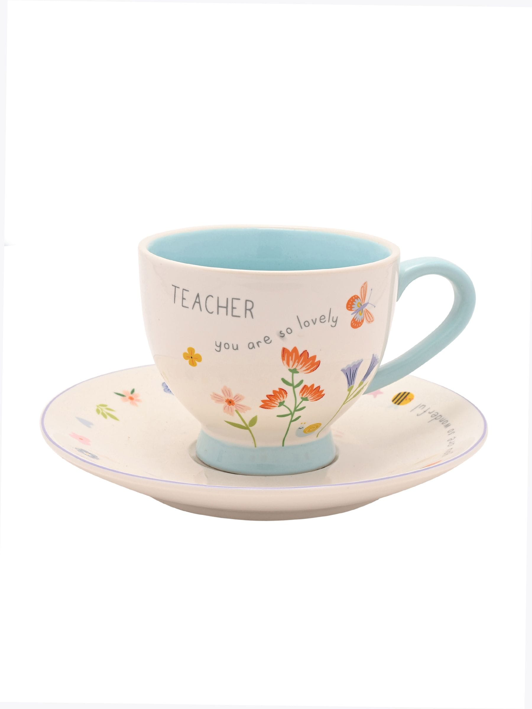 Widdop cream teacup and saucer set with teacher message, UK version