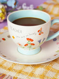 Widdop cream teacup and saucer set with teacher message, UK version