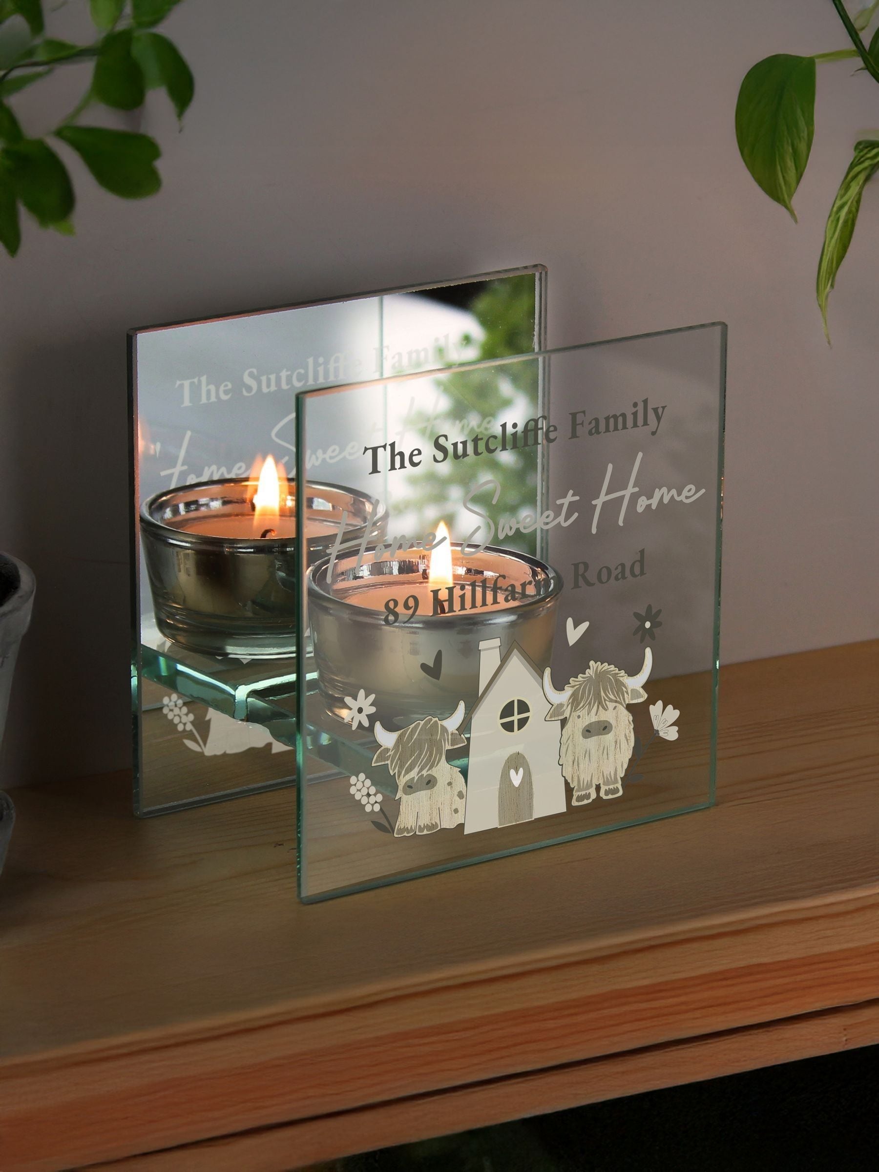 PMC personalised Highland cow mirrored tealight holder, UK version