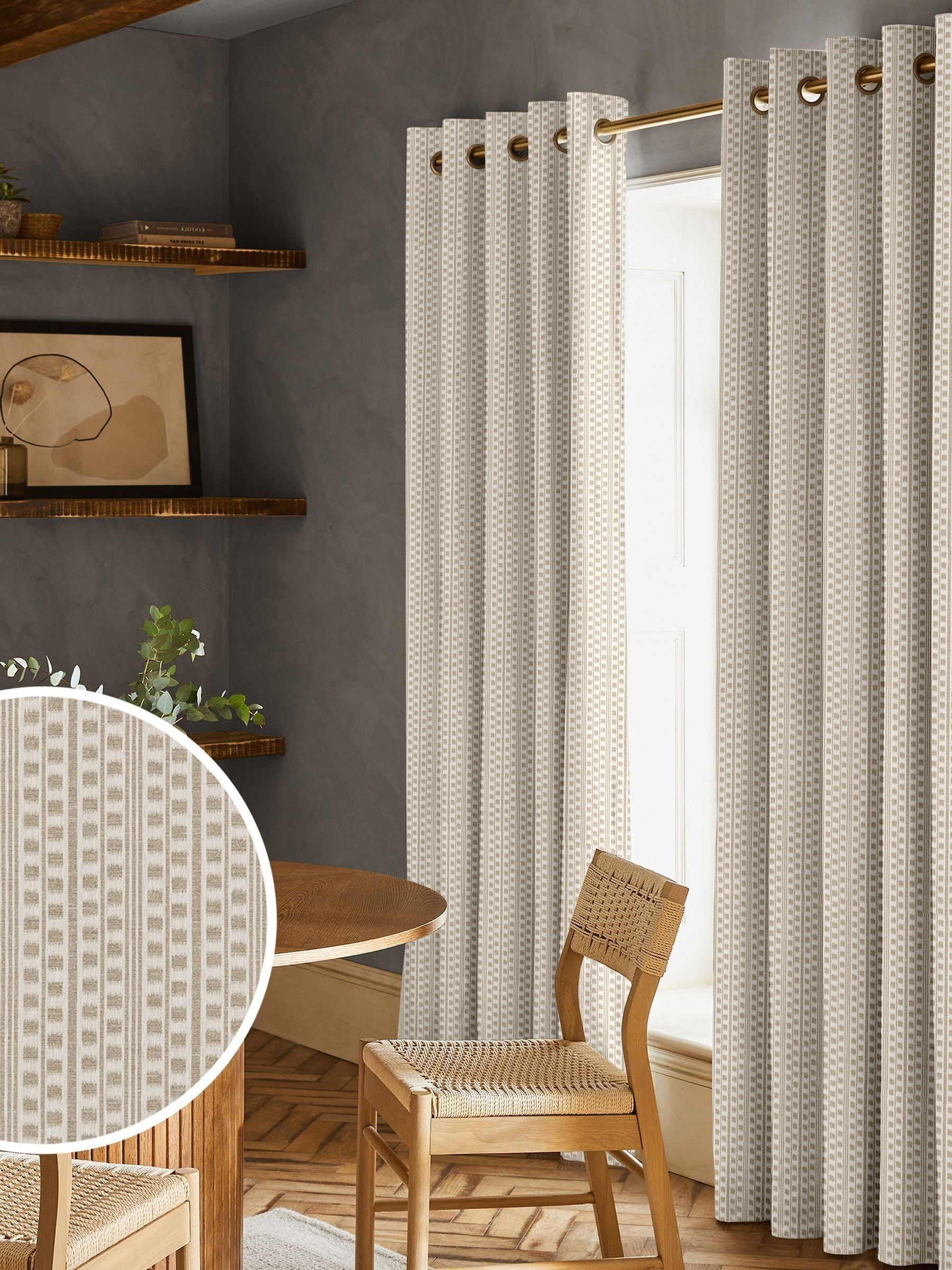 Stone Celot made to measure curtains in natural geometric jacquard, imported from the UK