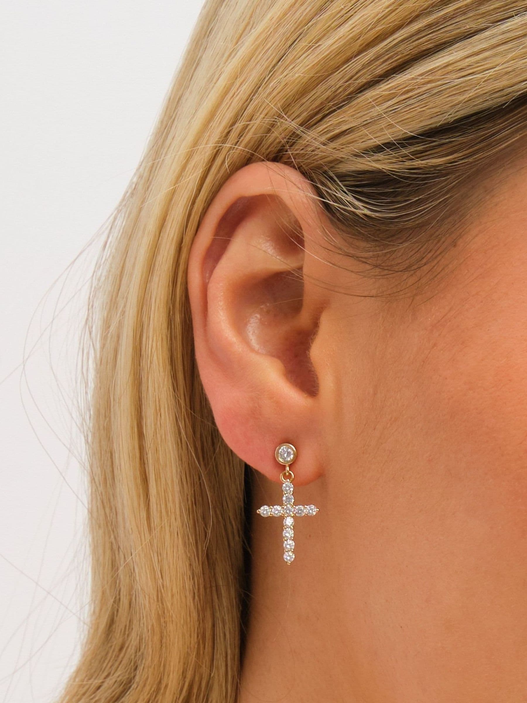 Jon Richard gold tone cubic zirconia cross earrings, imported from the UK