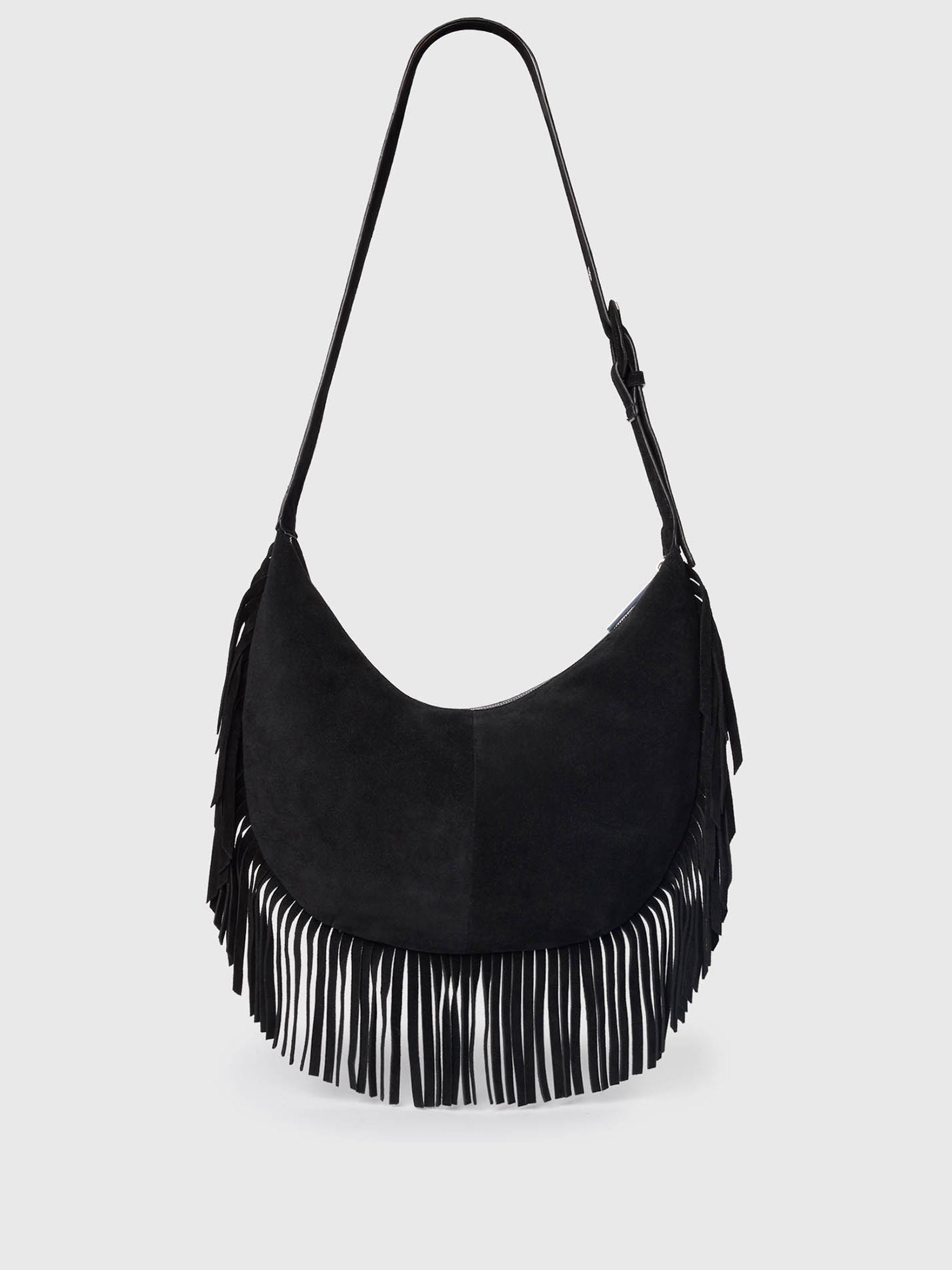 Whistles Black Sia suede fringed handbag, imported from the UK