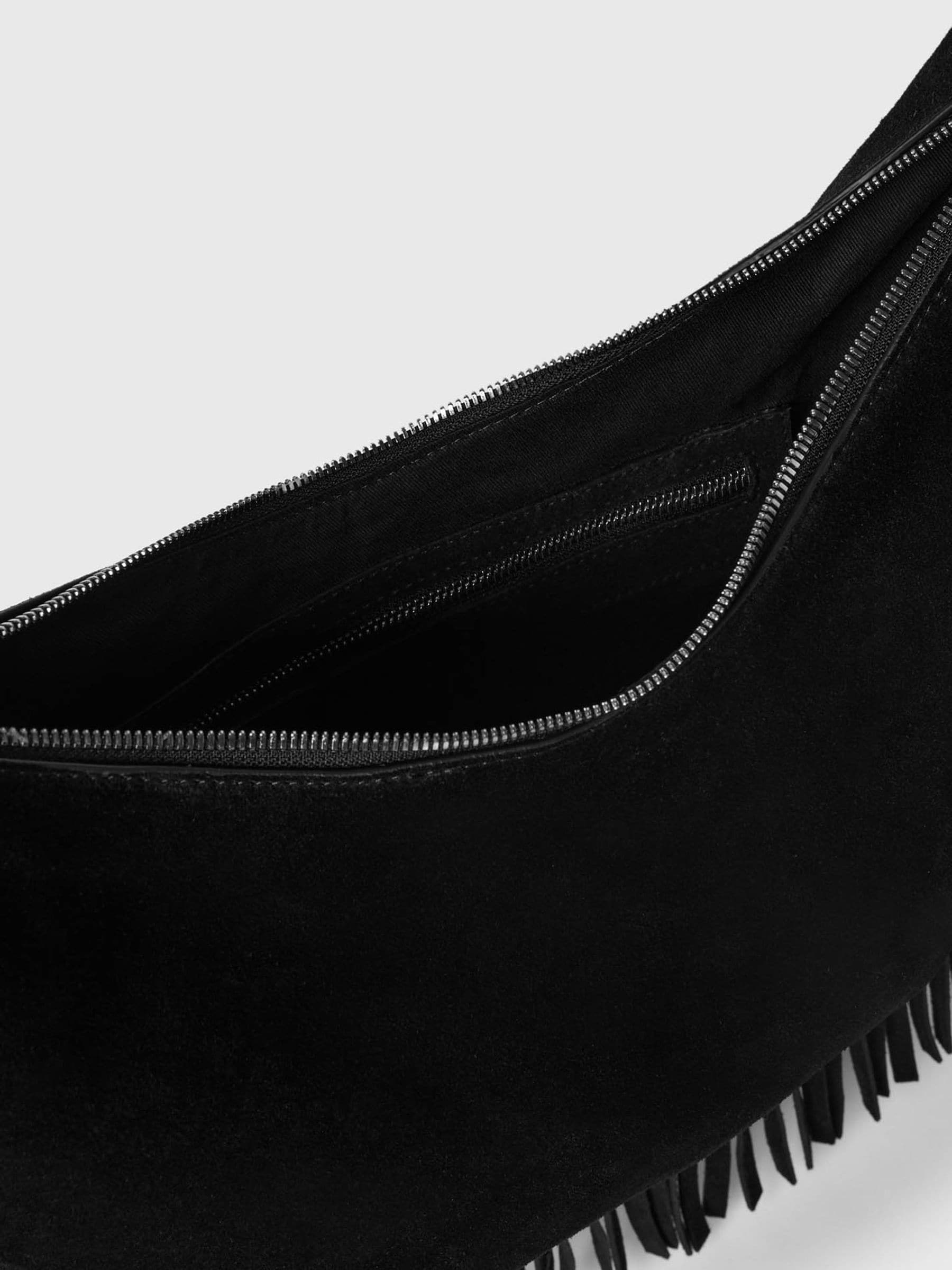 Whistles Black Sia suede fringed handbag, imported from the UK