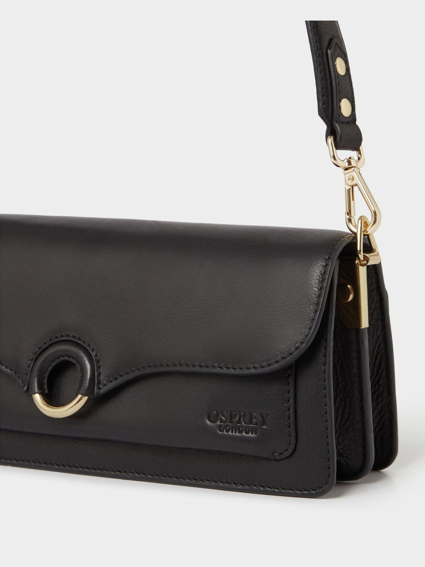 Osprey London Black Marlow Leather Shoulder Bag, imported from the UK