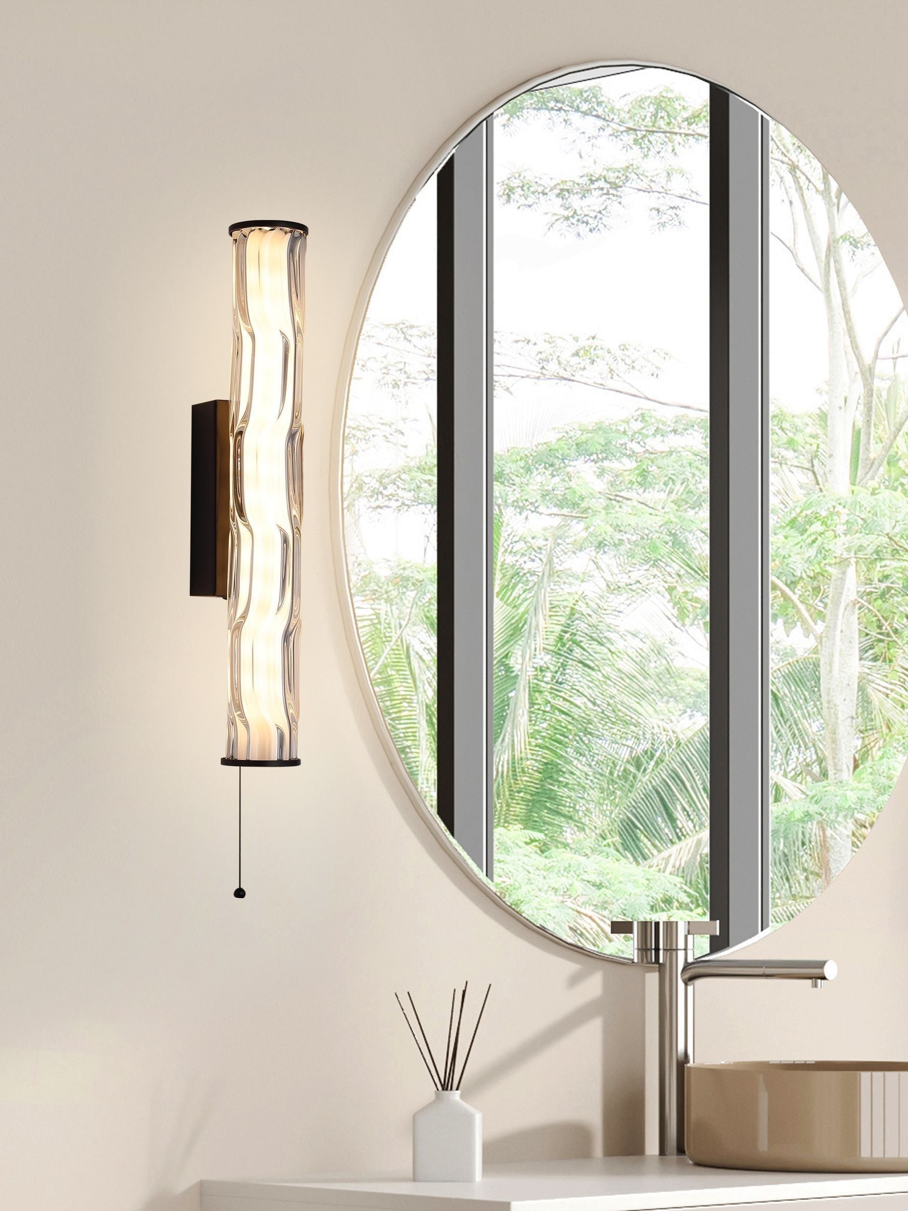 Searchlight Raphie LED wall light black clear glass, imported from the UK