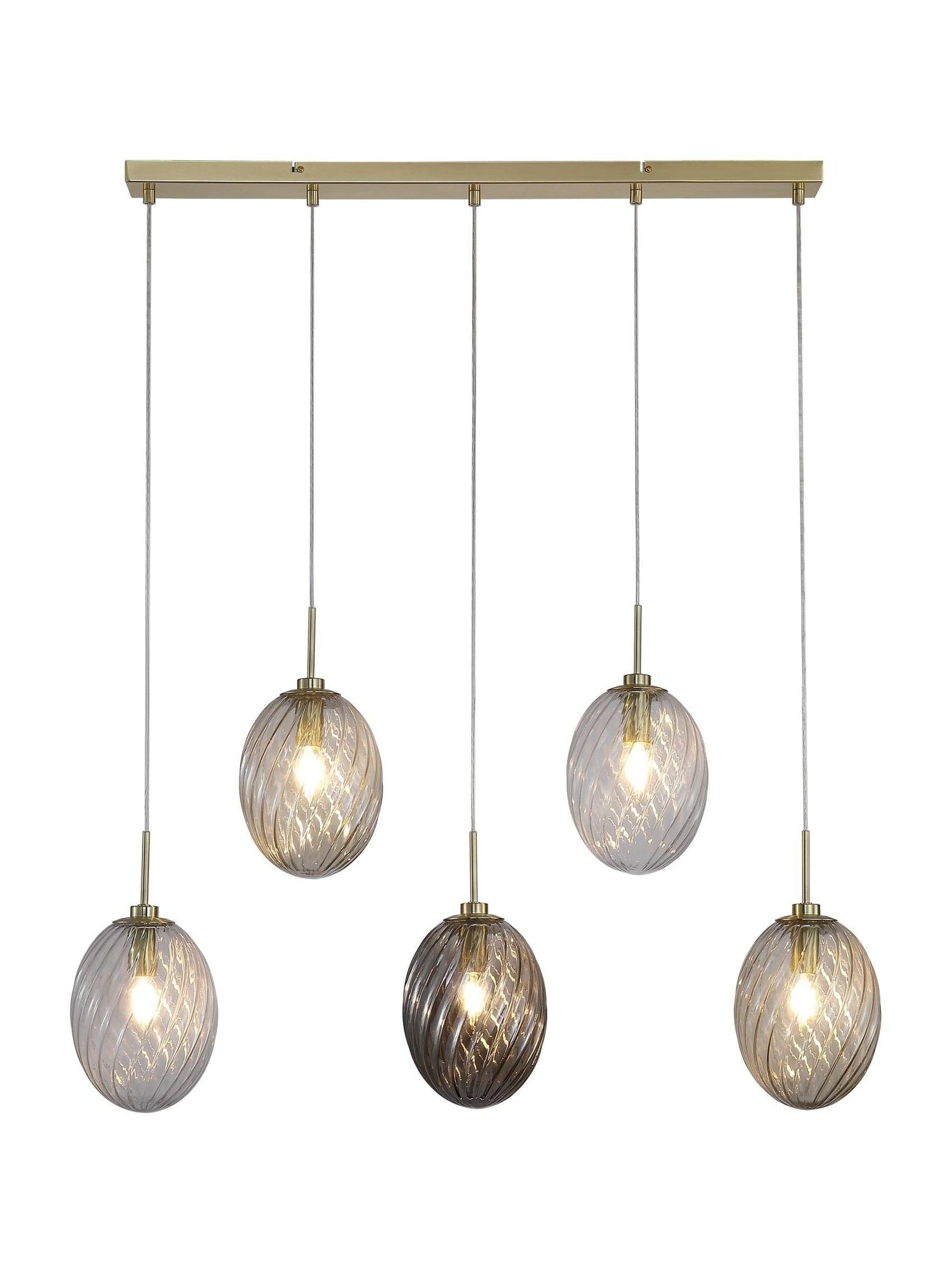 Searchlight Sama five-light bar pendant with swirled glass globes, UK version