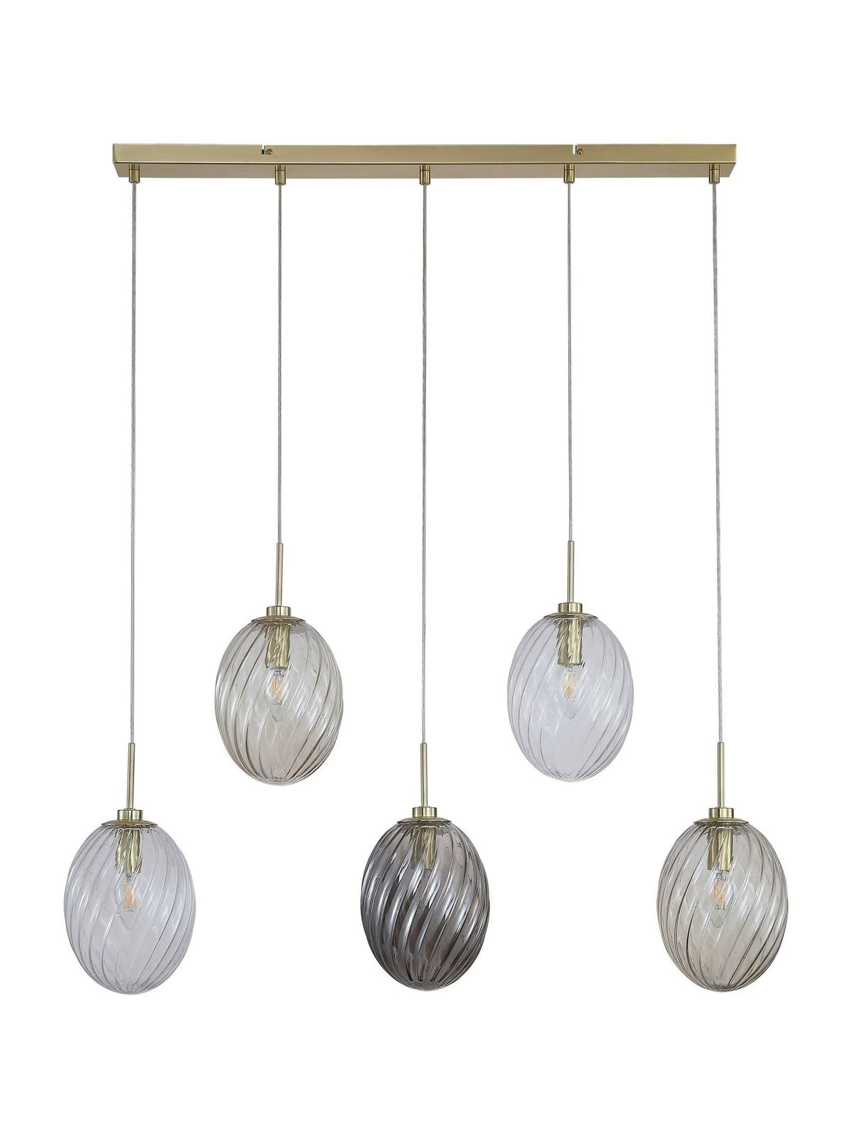 Searchlight Sama five-light bar pendant with swirled glass globes, UK version