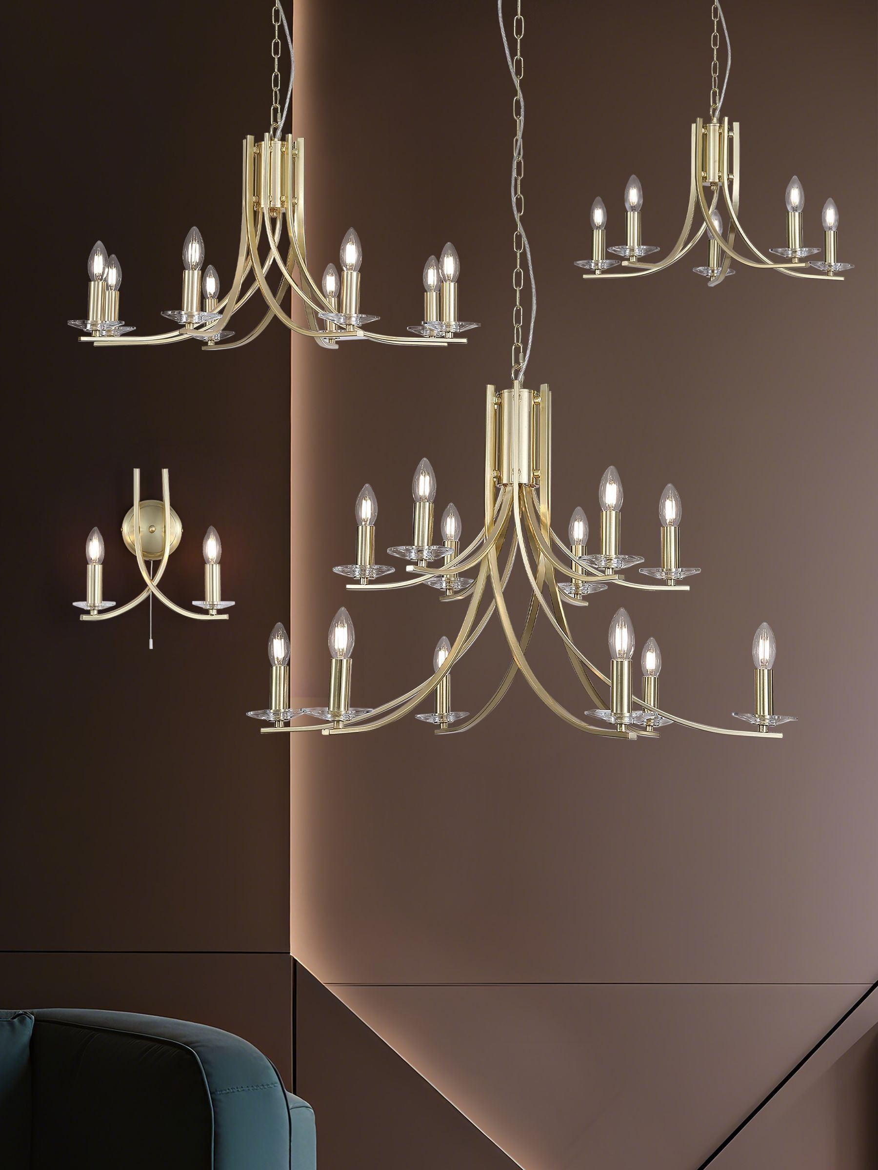Searchlight satin brass wall light with clear glass shades (British brand)