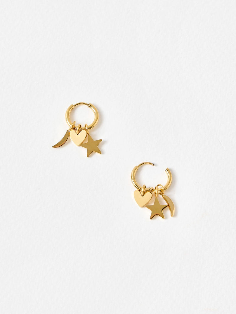 Oliver Bonas gold tone hoop earrings with star moon heart charms (British brand)
