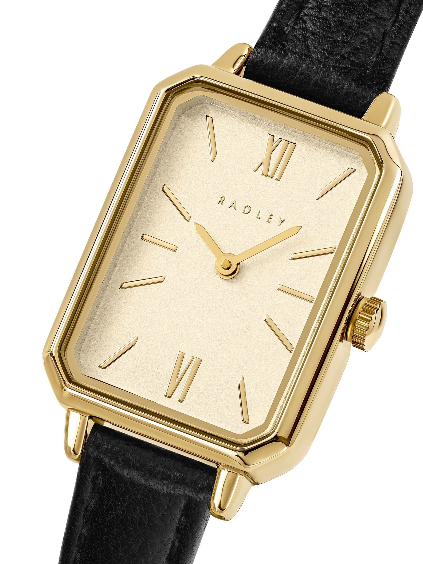 Radley watch with pale gold case and black leather strap - British product
