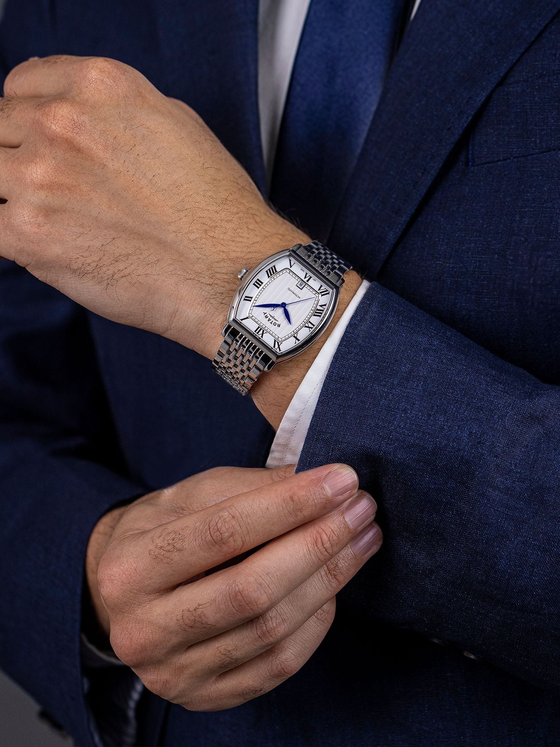 Rotary silver tone automatic watch stainless steel bracelet, imported from the UK