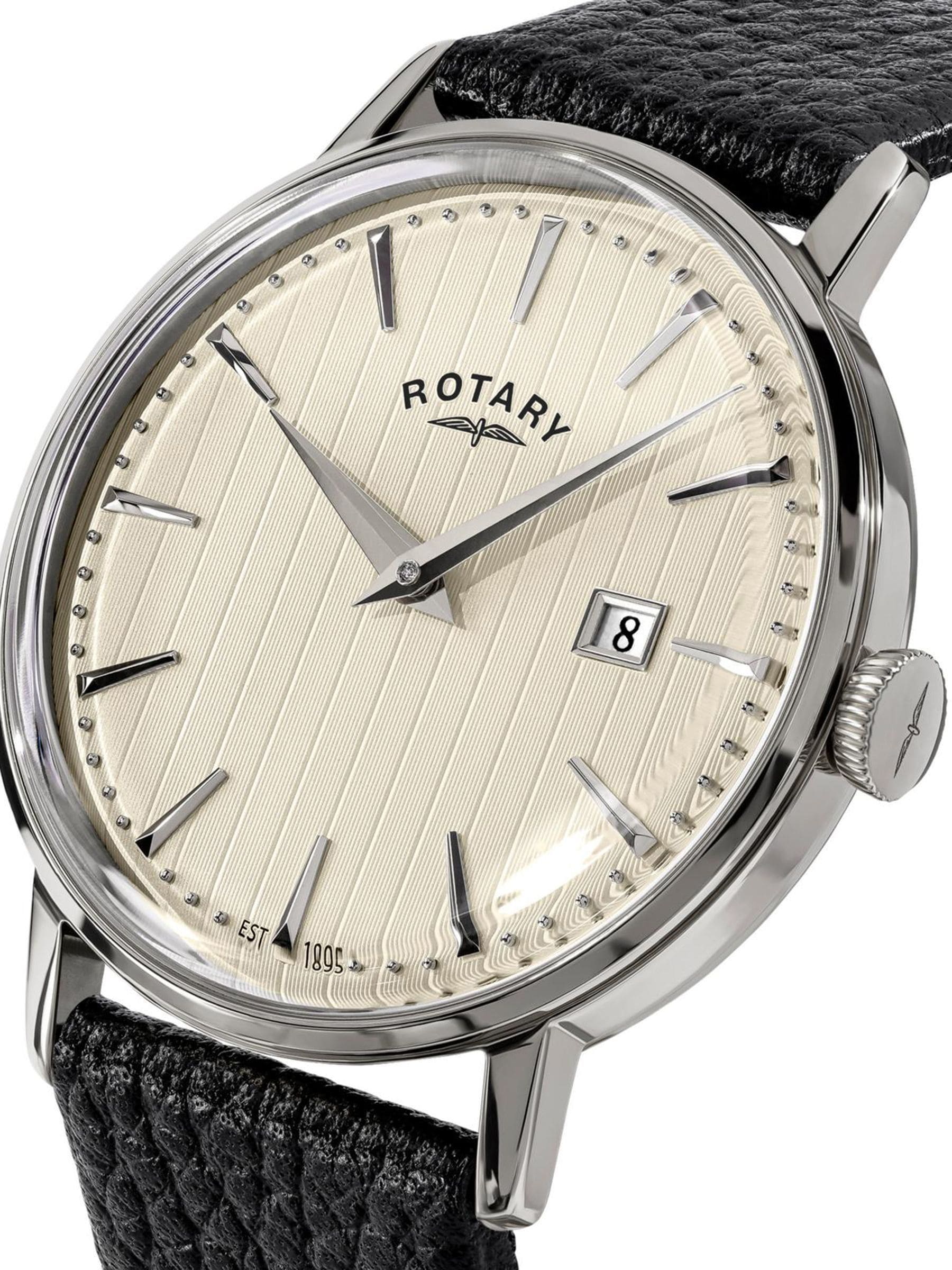 Rotary 1895 watch with black leather strap and cream dial, UK version