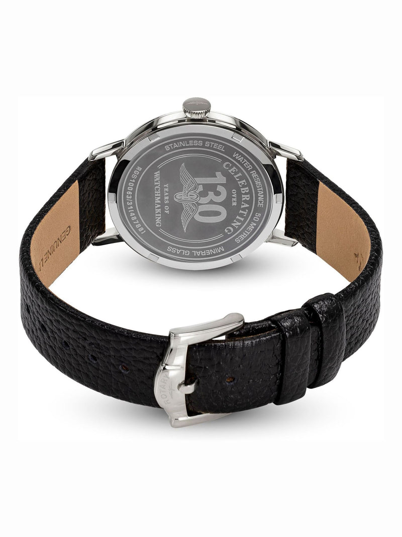 Rotary 1895 watch with black leather strap and cream dial, UK version