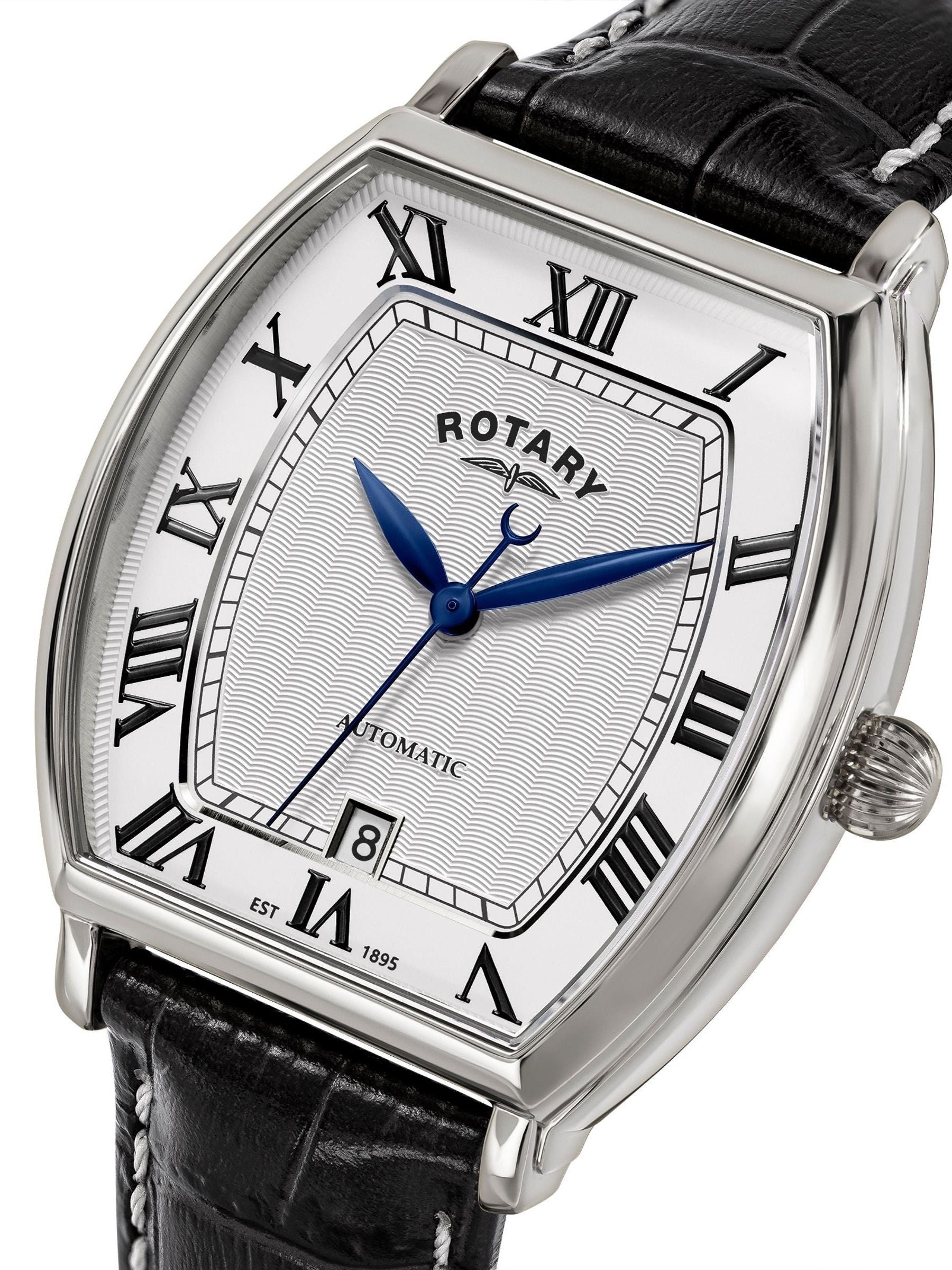 Rotary automatic stainless steel watch black leather strap - British product