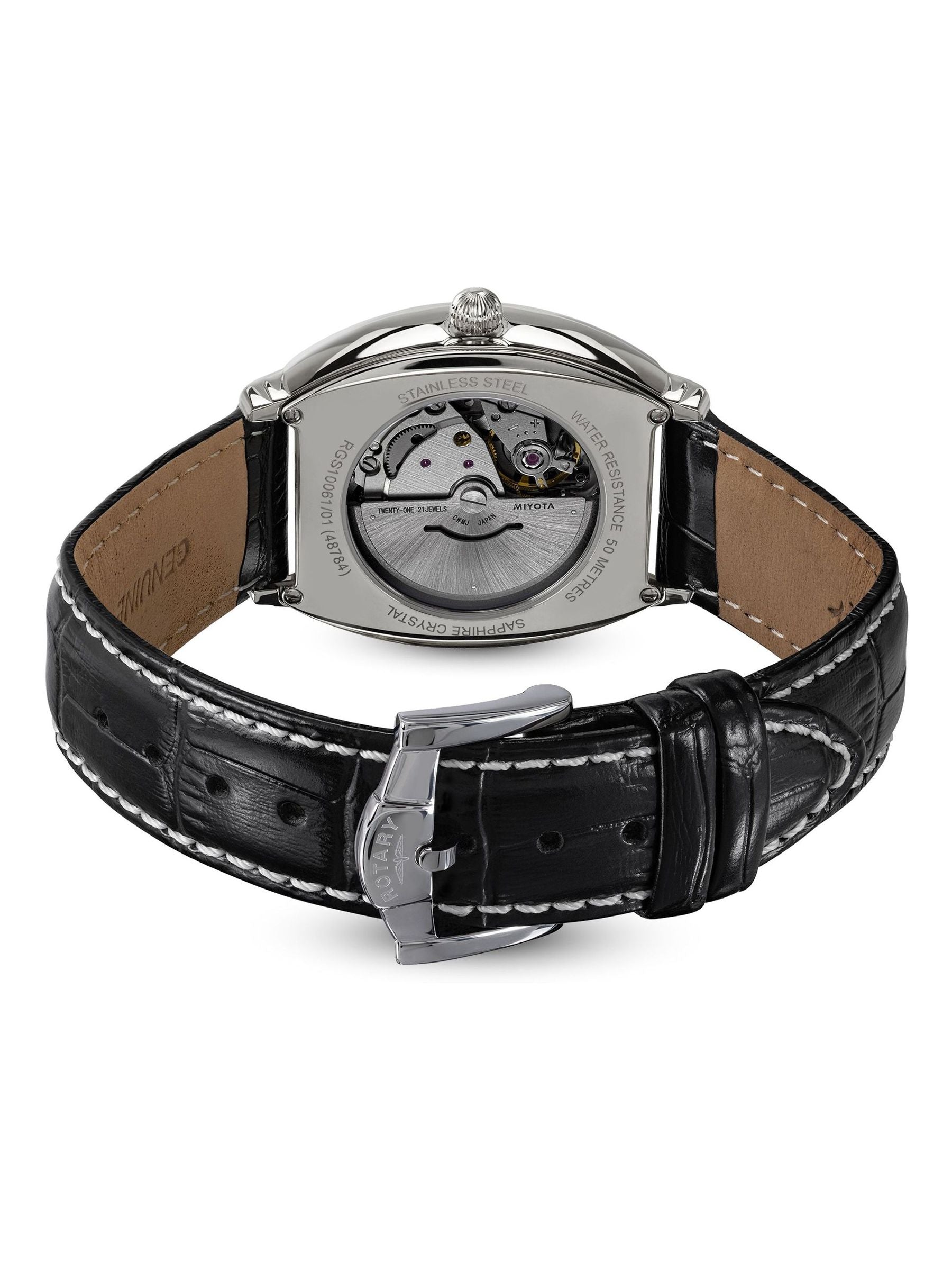 Rotary automatic stainless steel watch black leather strap - British product