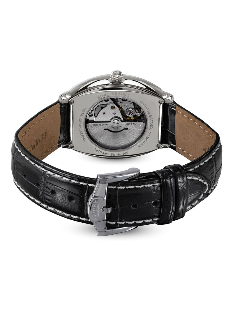 Rotary automatic stainless steel watch black leather strap - British product