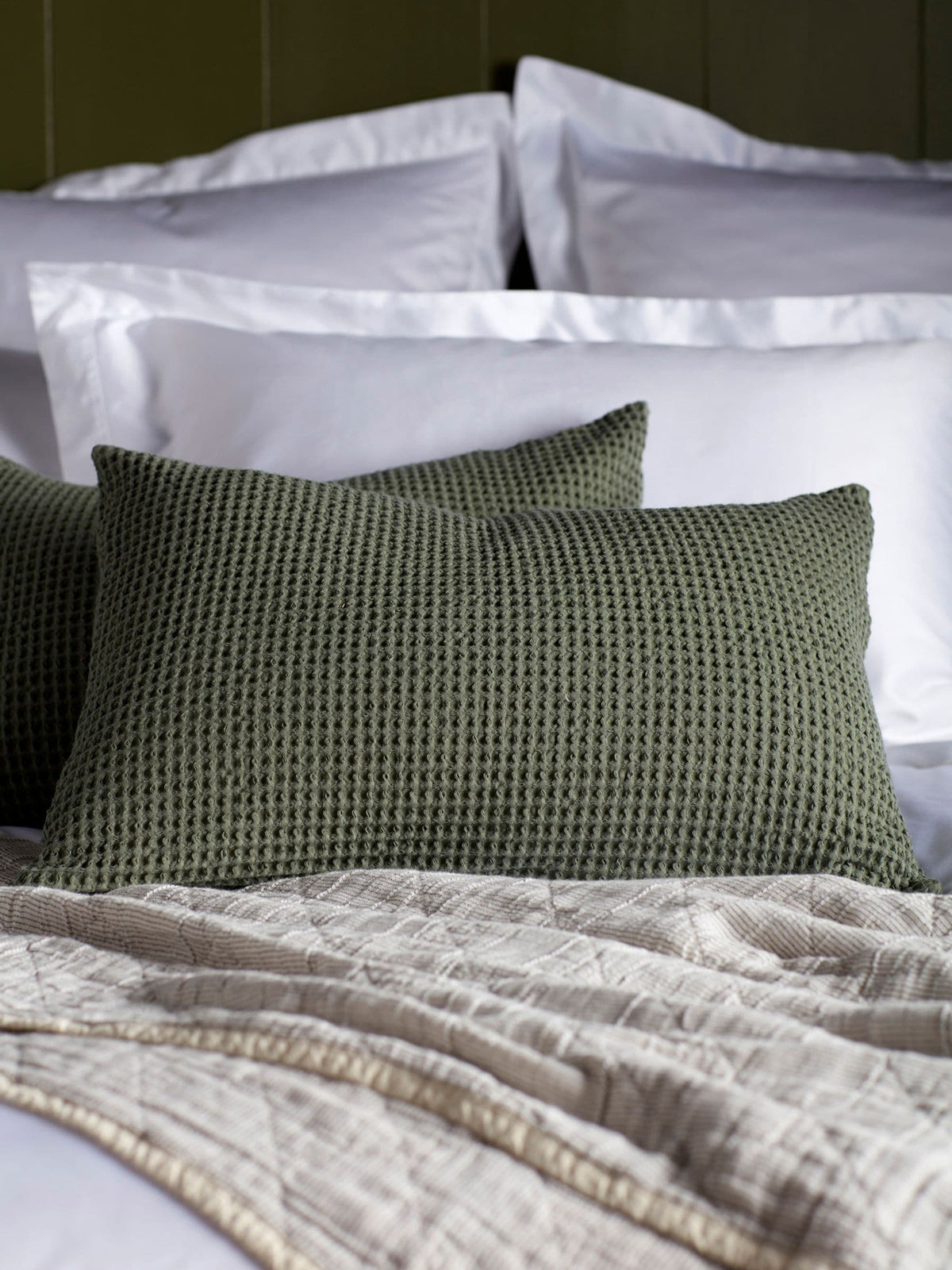 Secret Linen olive green waffle cushion cover 60x40cm, UK version