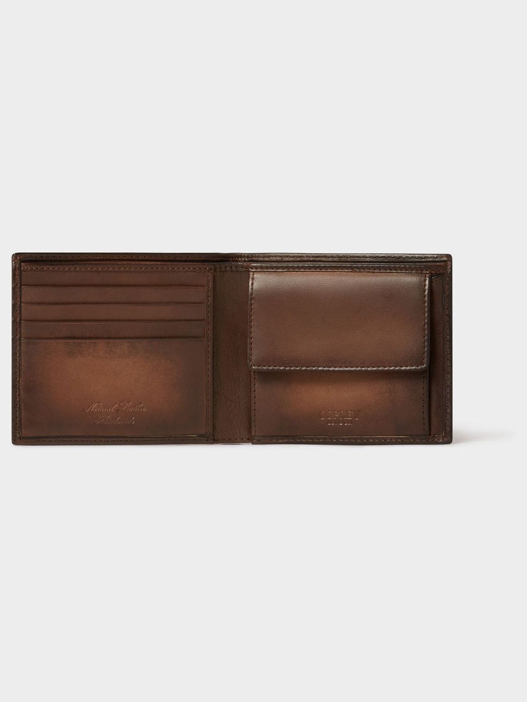Osprey London brown hand-burnished leather coin pocket wallet, imported from the UK