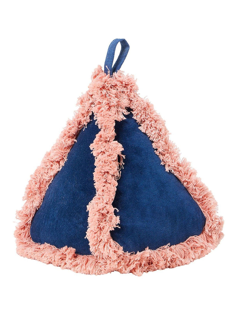 Oliver Bonas blue velvet door stop with pink trim, imported from the UK