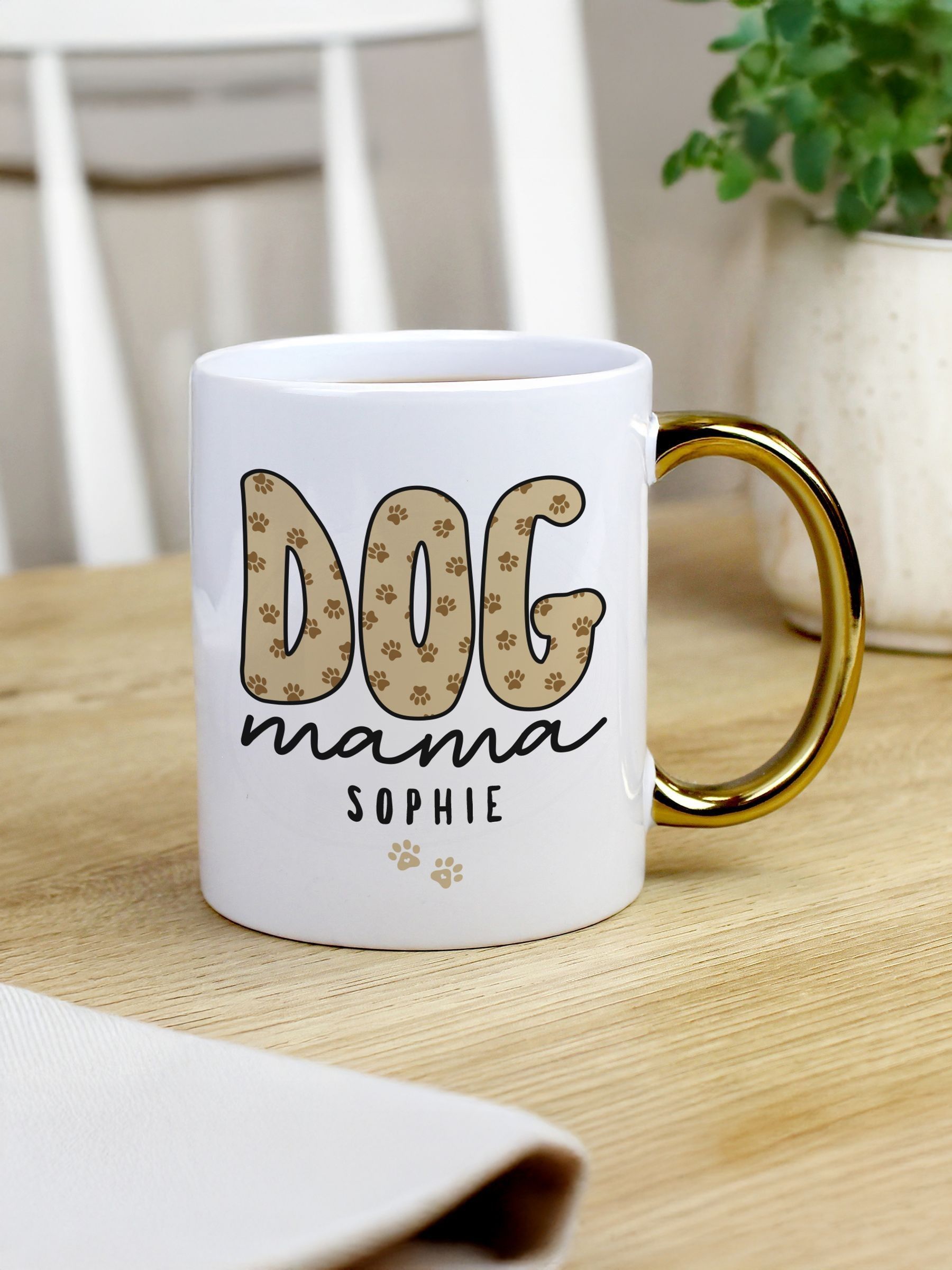 PMC personalised dog mug with gold handle, 11cm, UK version