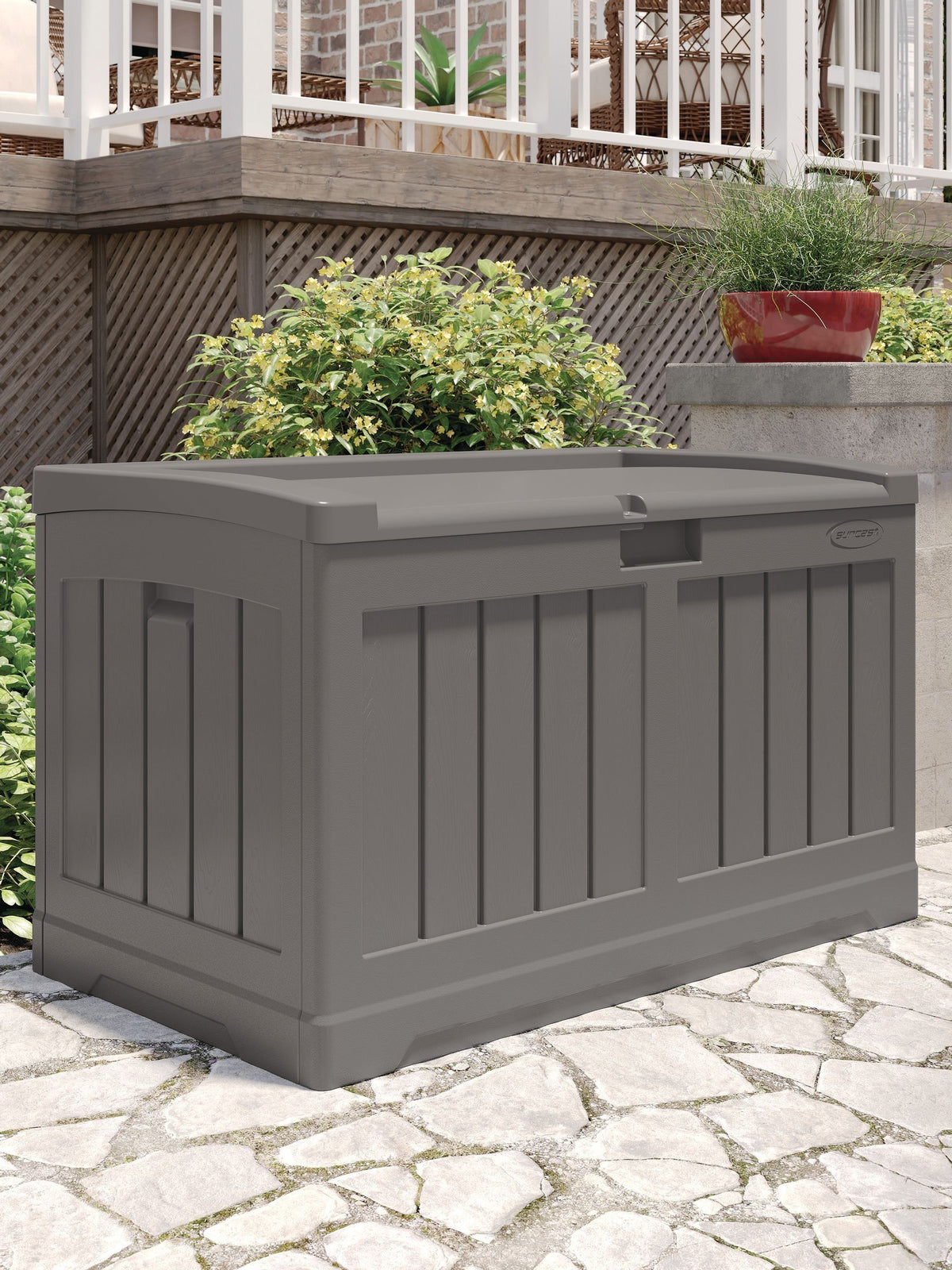Suncast Carolina garden storage box 189L stone grey (British brand)