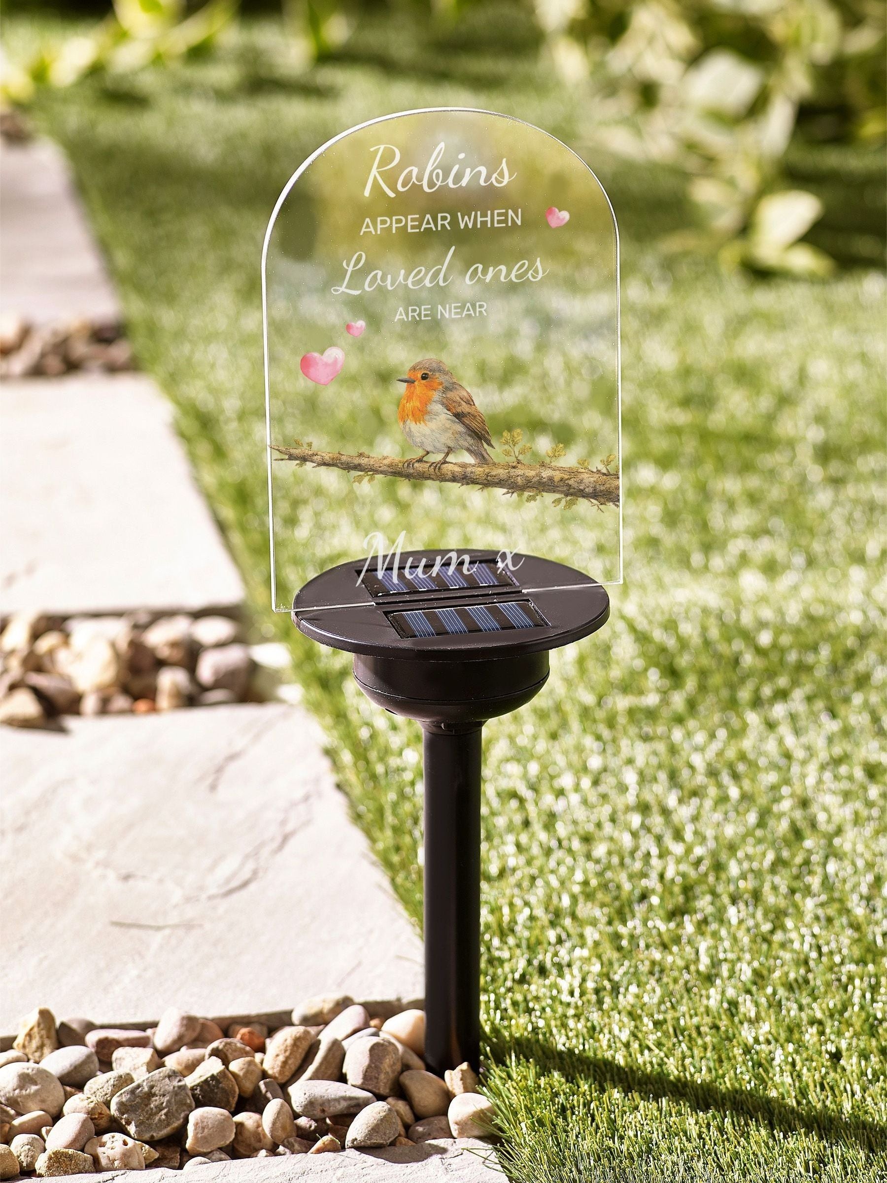 Loveabode personalised robin memorial solar garden sign, imported from the UK