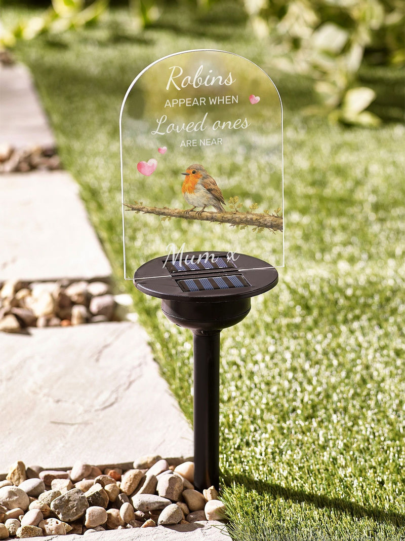 Loveabode personalised robin memorial solar garden sign, imported from the UK