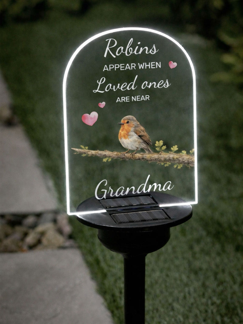 Loveabode personalised robin memorial solar garden sign, imported from the UK