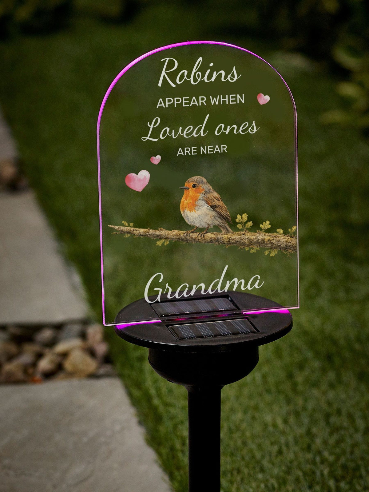 Loveabode personalised robin memorial solar garden sign, imported from the UK