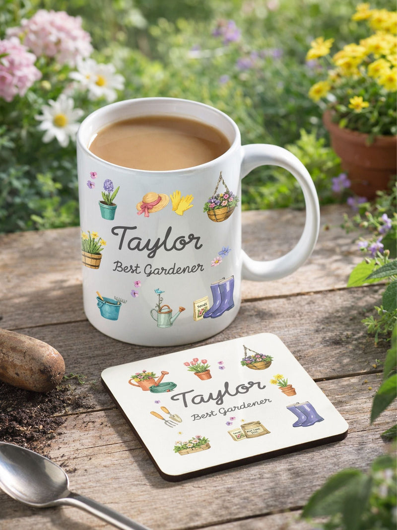 Gardener mug and coaster set 11oz personalisable (British brand)