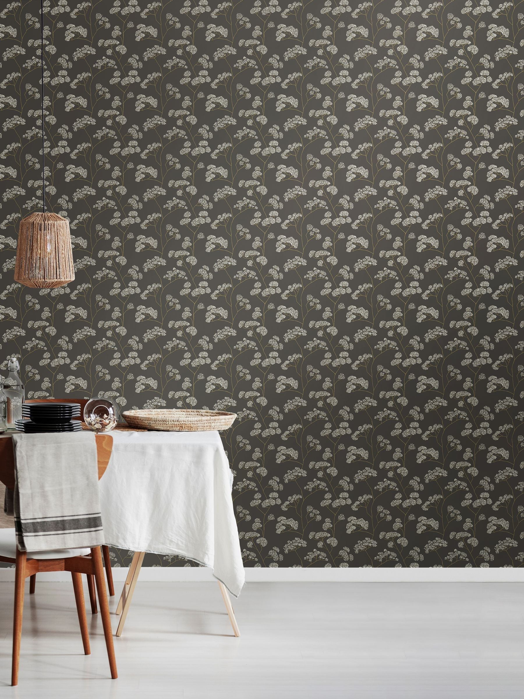 Hoopla Walls Charcoal Elderflower Trail 10M Wallpaper