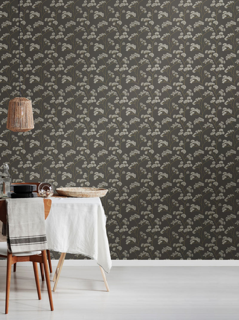 Hoopla Walls Charcoal Elderflower Trail 10M Wallpaper
