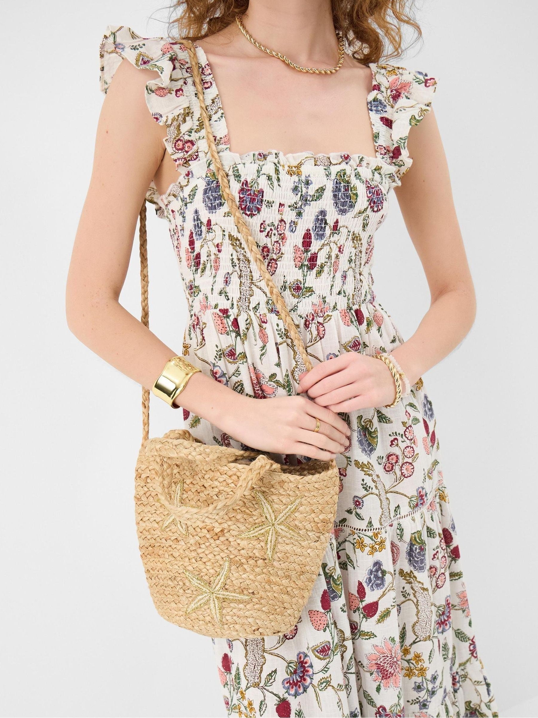 Accessorize natural embroidered starfish raffia bag (British brand)