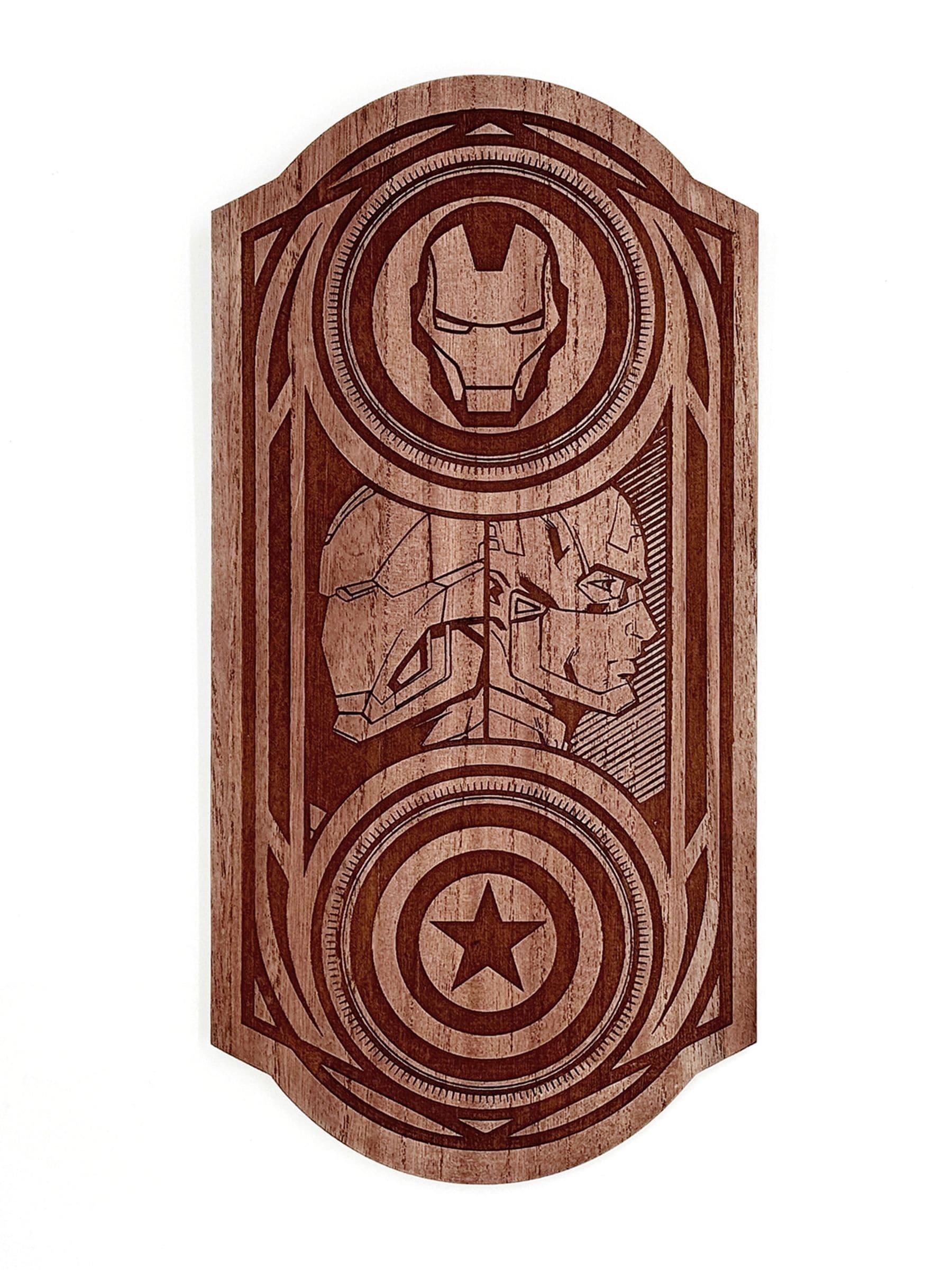 Marvel brown wall plaque featuring Iron Man and Captain America, UK version