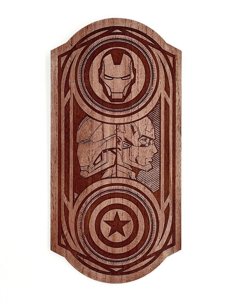 Marvel brown wall plaque featuring Iron Man and Captain America, UK version