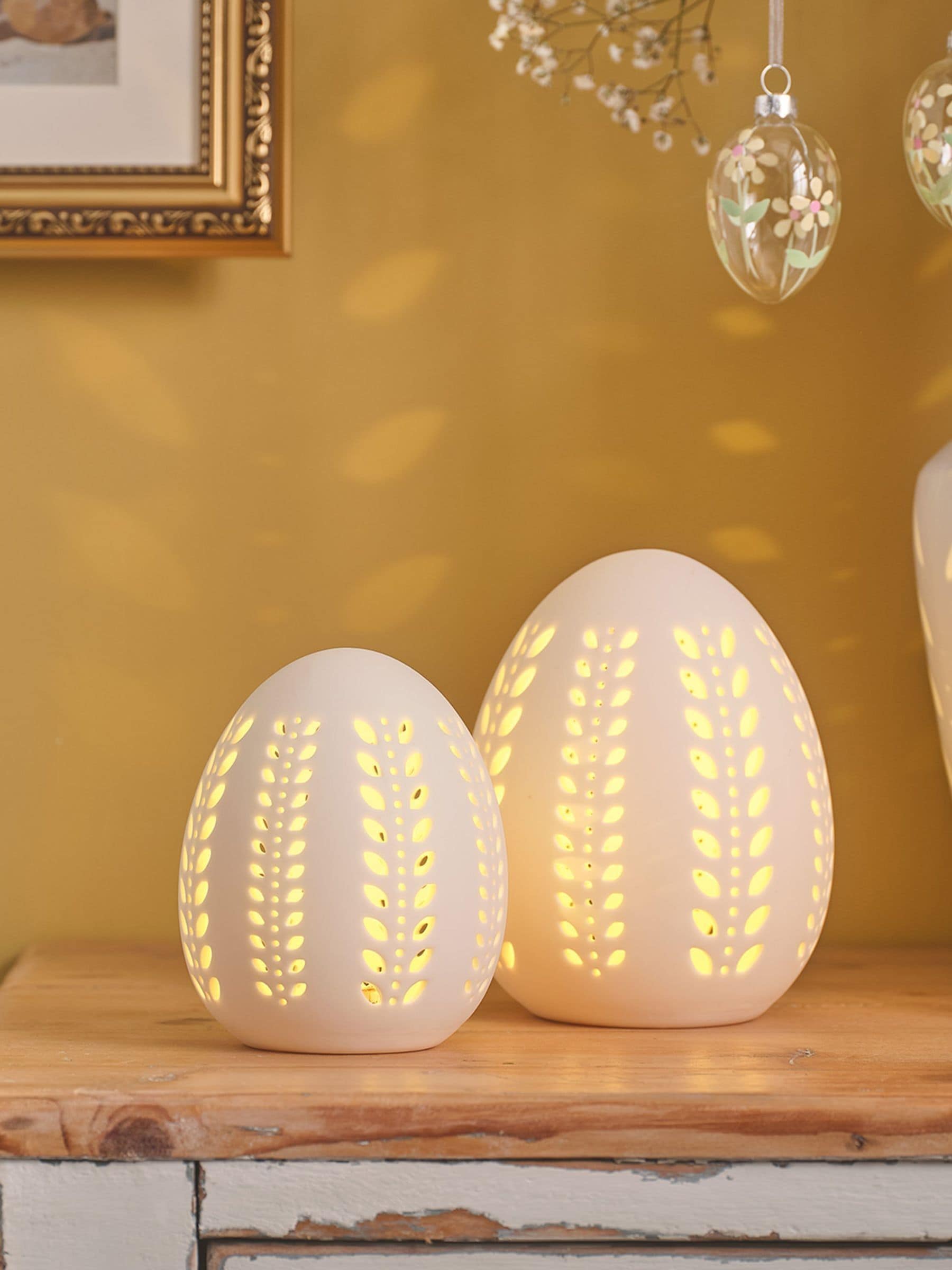 Lights4fun set of 2 white LED porcelain eggs (British brand)
