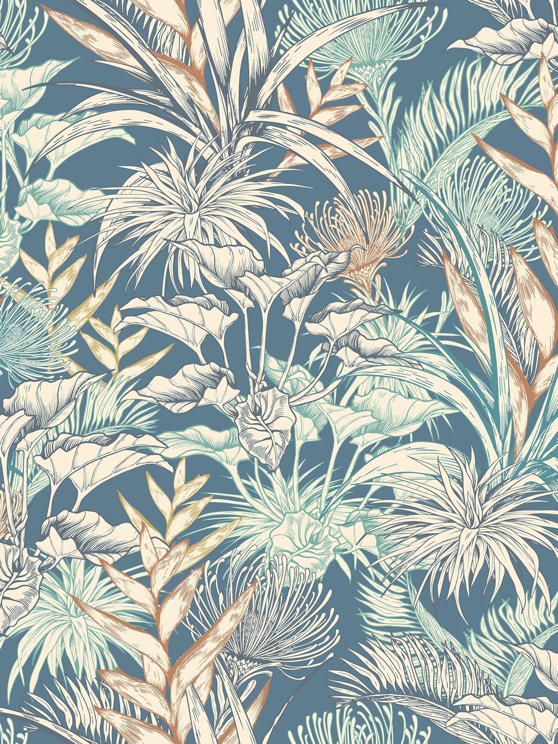 Hoopla Walls teal navy tropical canopy wallpaper A4 sample, imported from the UK