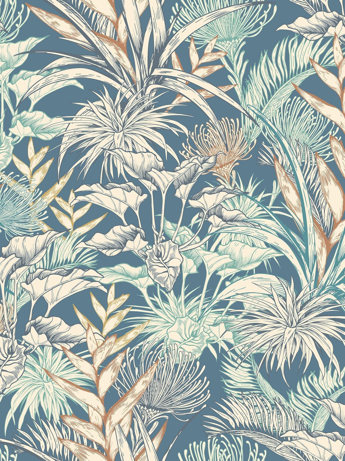 Hoopla Walls teal navy tropical canopy wallpaper A4 sample, imported from the UK