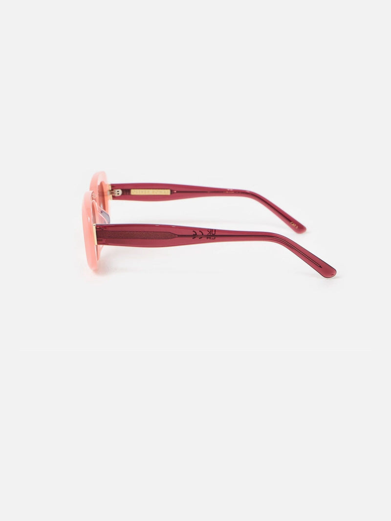 Oliver Bonas pink berry red oval acetate sunglasses, imported from the UK
