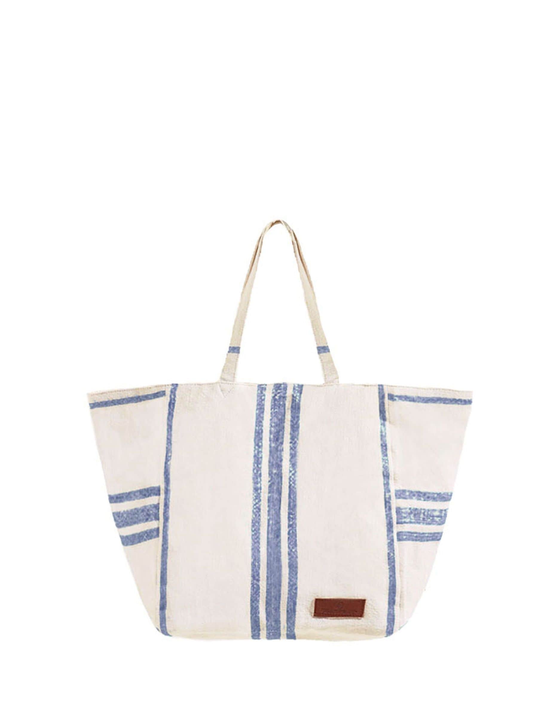 Seaspray blue stripe beach bag with leather detailing, imported from the UK
