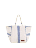 Seaspray blue stripe beach bag with leather detailing, imported from the UK